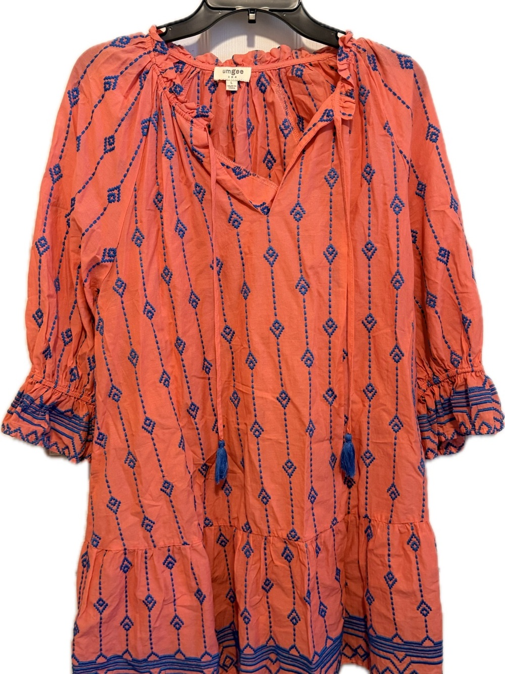 Umgee Coral Tunic Dress with Navy Blue Embroidery